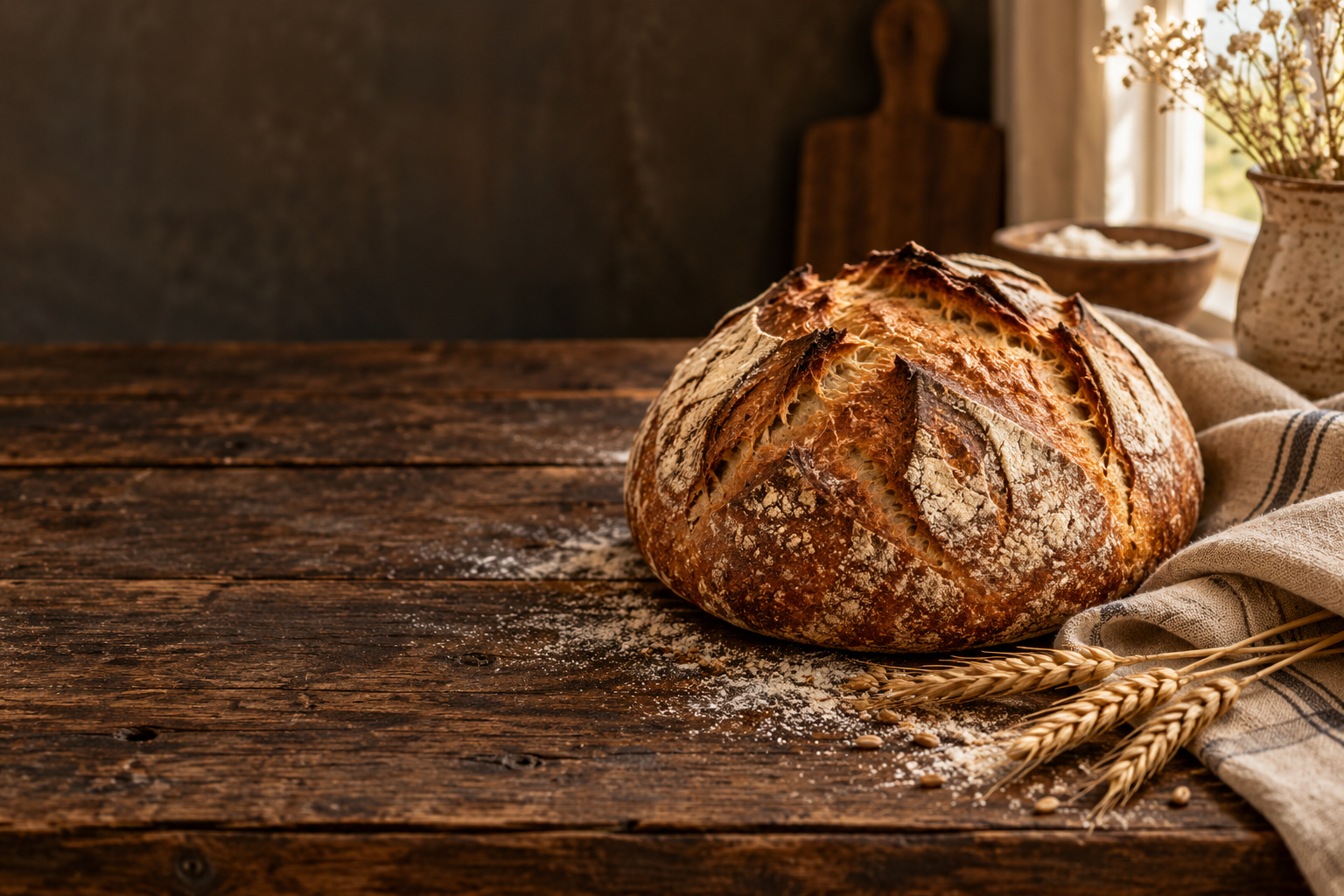 Fresh artisan sourdough on a rustic wooden table